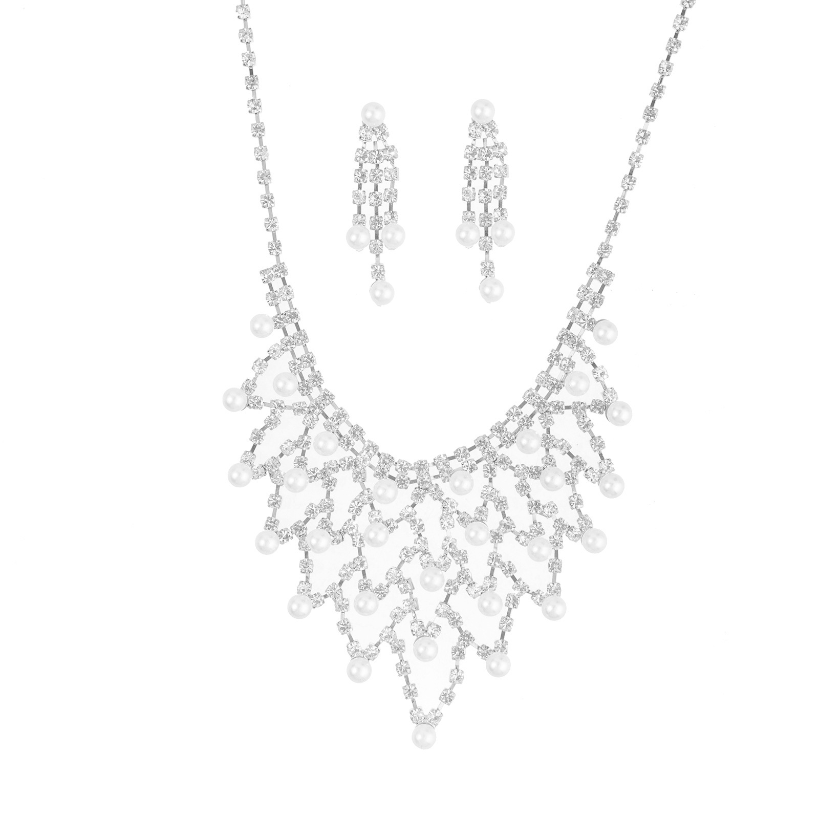 Cross-border best-selling European and American bride pearl and water diamond necklaces and earrings, exquisite diamond-encrusted exaggerated necklaces, tassel earrings, jewelry, evening gowns, versatile and elegant jewelry sets pic 10