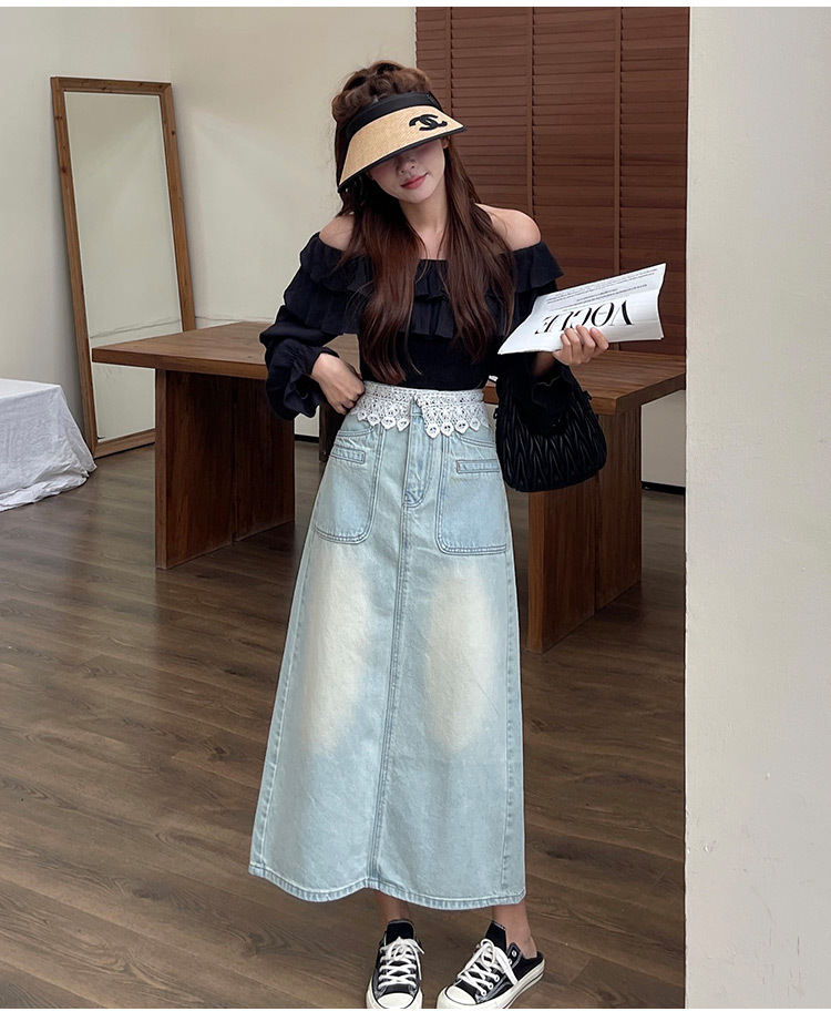 Original long denim skirt for Spring/Summer 2024, new design sense, lace patchwork high-waisted A-line skirt pic 3