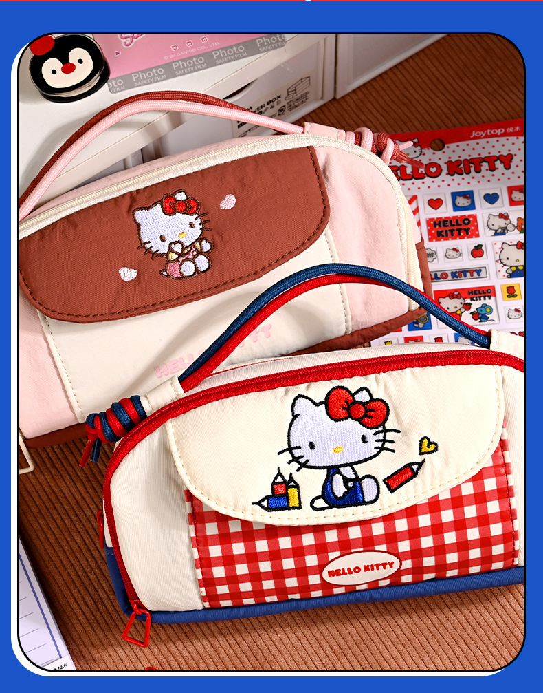 三丽鸥授权Hello Kitty笔袋复古红白格大容量手提文具袋学生礼物详情6