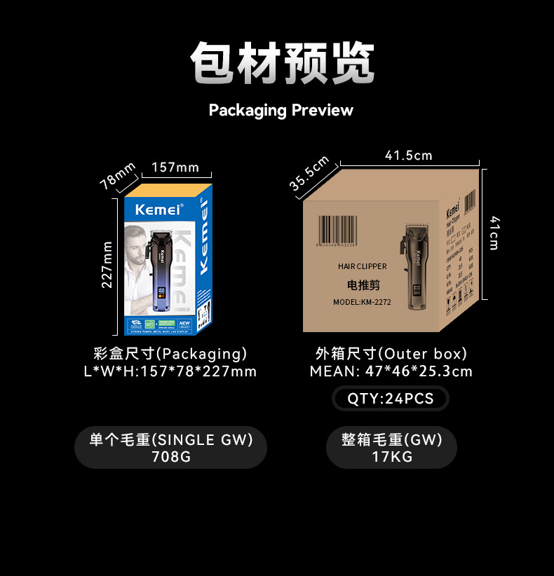 科美KM-2272新款渐变色数显理发器发廊专业无刷电推剪USB快充推子详情9