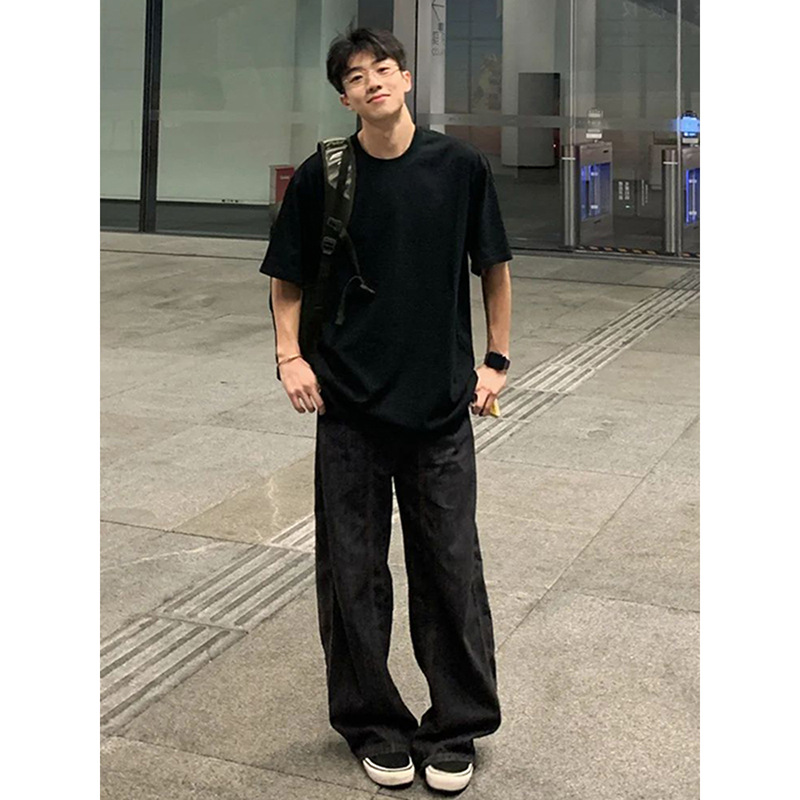 黑色重磅正肩t恤美式复古少年感纯棉短袖男夏季小领口内搭五分袖详情5