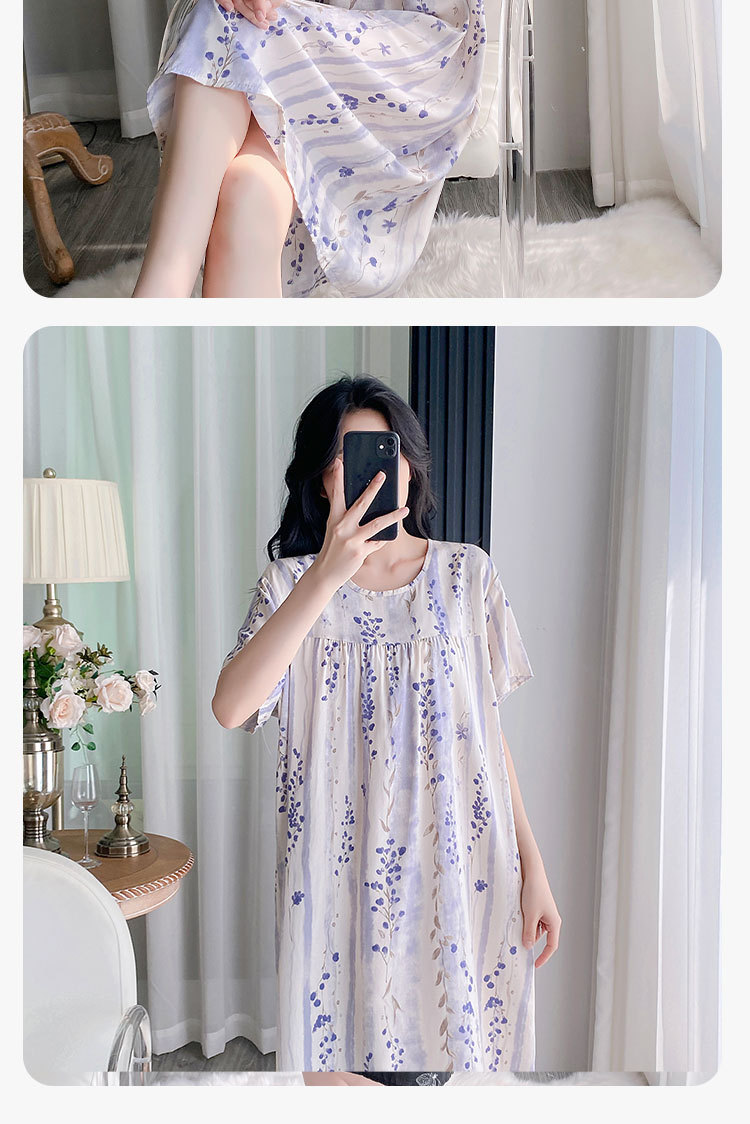 Summer cotton silk belt cushioned nightgown for middle-aged women, short sleeves for mothers, 45-piece artificial cotton home wear, pajama skirt pic 30