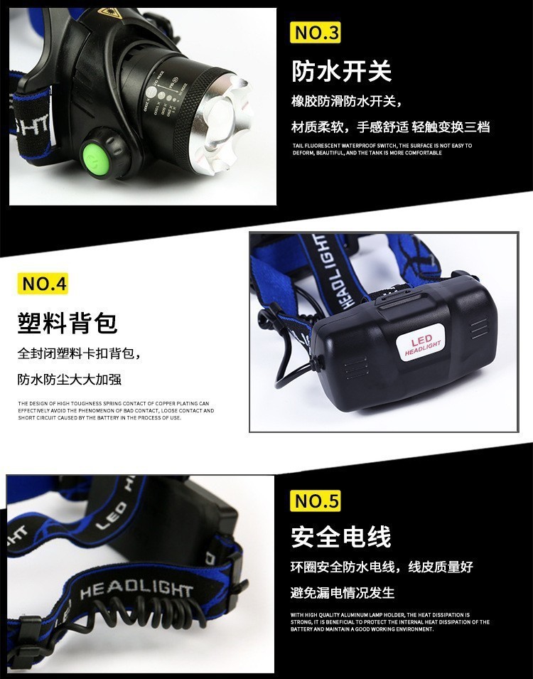 High-intensity sensor headlamp, telescopic zoom, long-range shooting, USB charging, outdoor waterproof night fishing light, LED head-mounted flashlight pic 7