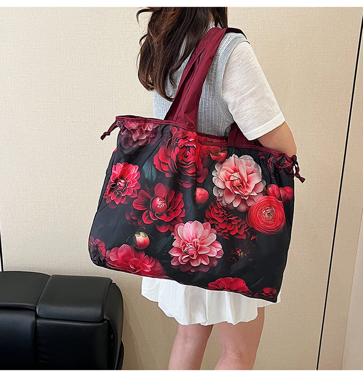 大容量花朵印花单肩包防水购物袋尼龙外出托特包时尚复古手提包详情29