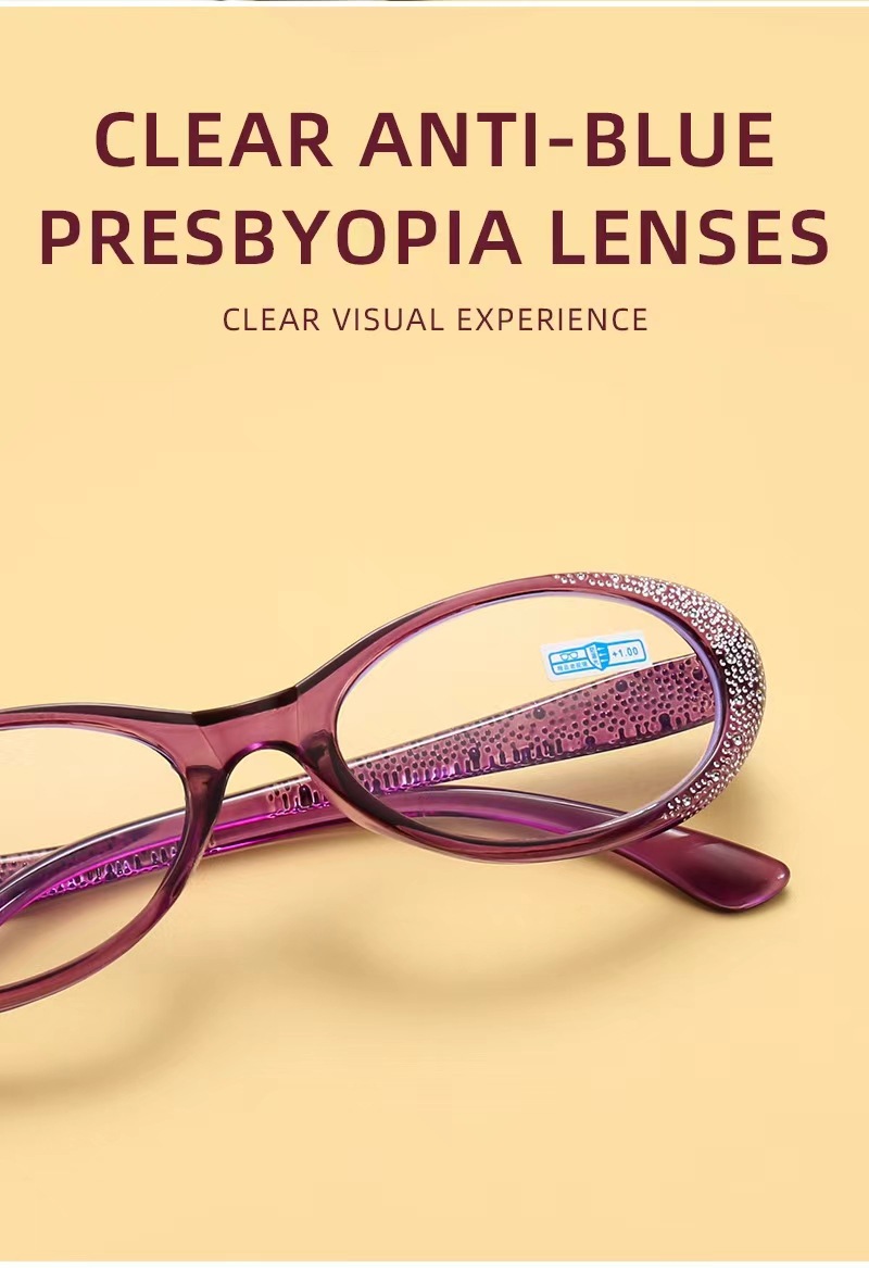 The new personalized diamond-encrusted oval small frame anti-blue light reading glasses are fashionable and youthful for the middle-aged and elderly pic 2