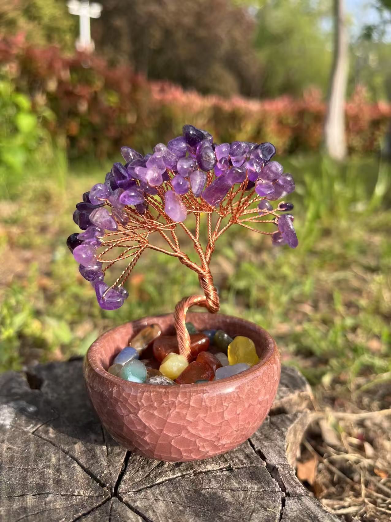 新品热销聚宝盆茶盏底座紫水晶发财树摆件桌面水晶生命树创意艺品详情3