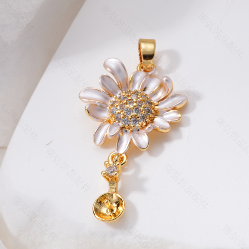 Pearl ring, earneedle pendant, micro-inlaid three-piece set, hollow tray, Daisy oil drip DIY, high-end tulip jewelry pic 8