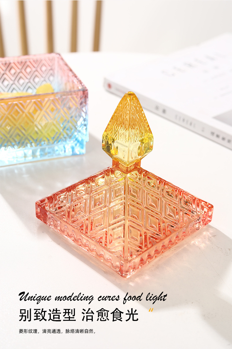 抖音手绘马卡龙撞色首饰盒彩色带盖首饰盒玻璃糖果盅彩绘糖缸摆件详情6