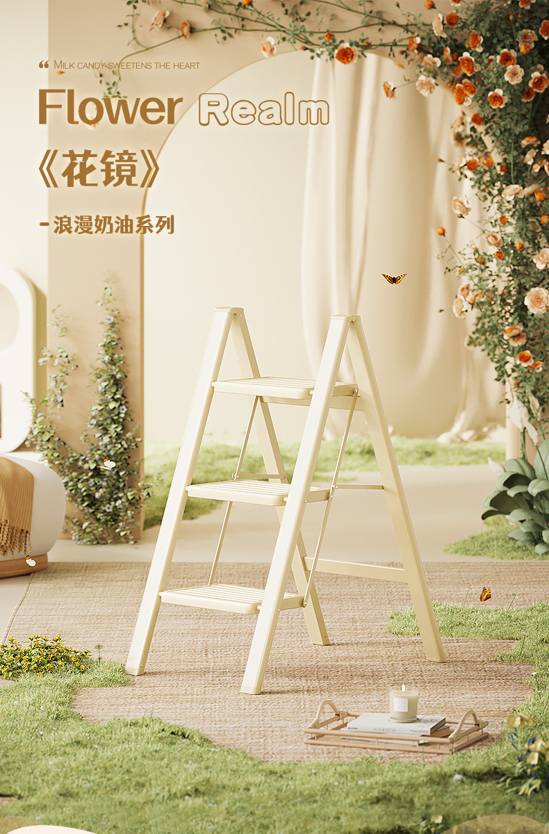 Cream-style household ladder, folding small multi-functional A-frame ladder, lightweight decorative flower stand ladder, popular model pic 3