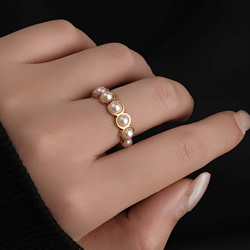 欧美跨境不锈钢戒指 珍珠开口戒指女轻奢高级感钛钢饰品批发厂家详情9