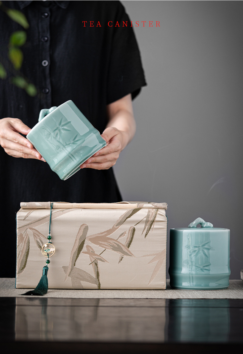 轻奢布包茶叶罐套装陶瓷茶仓防潮密封罐存储罐创意伴手礼定制logo详情14