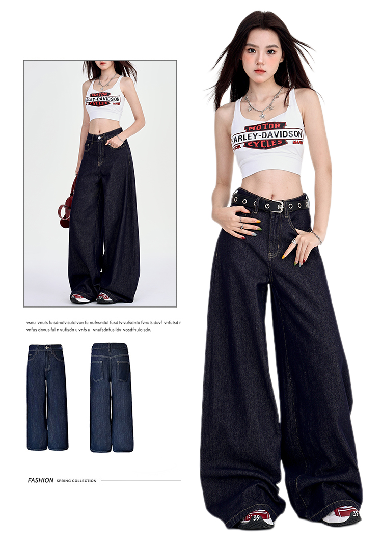 深蓝美式宽松阔腿牛仔裤女2025年夏季新款垂感慵懒休闲拖地直详情2