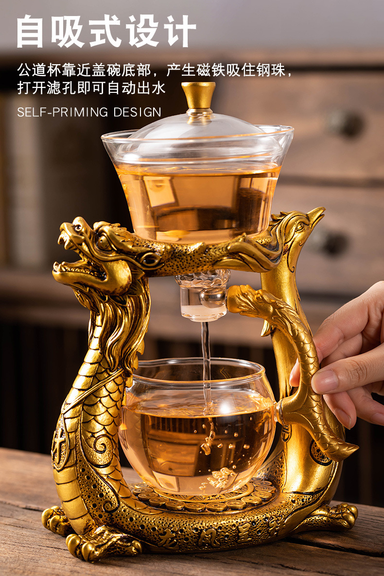 Dragon and Phoenix Presenting Auspiciousness Palace Light Bulb Teapot Semi-automatic Glass Lazy Person Tea Maker Household Magnetic Teapot Tea Maker Set pic 3