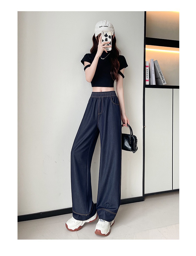 深蓝色明线弯刀高腰显瘦阔腿裤女2025夏季高腰宽松休闲香蕉牛仔裤详情12