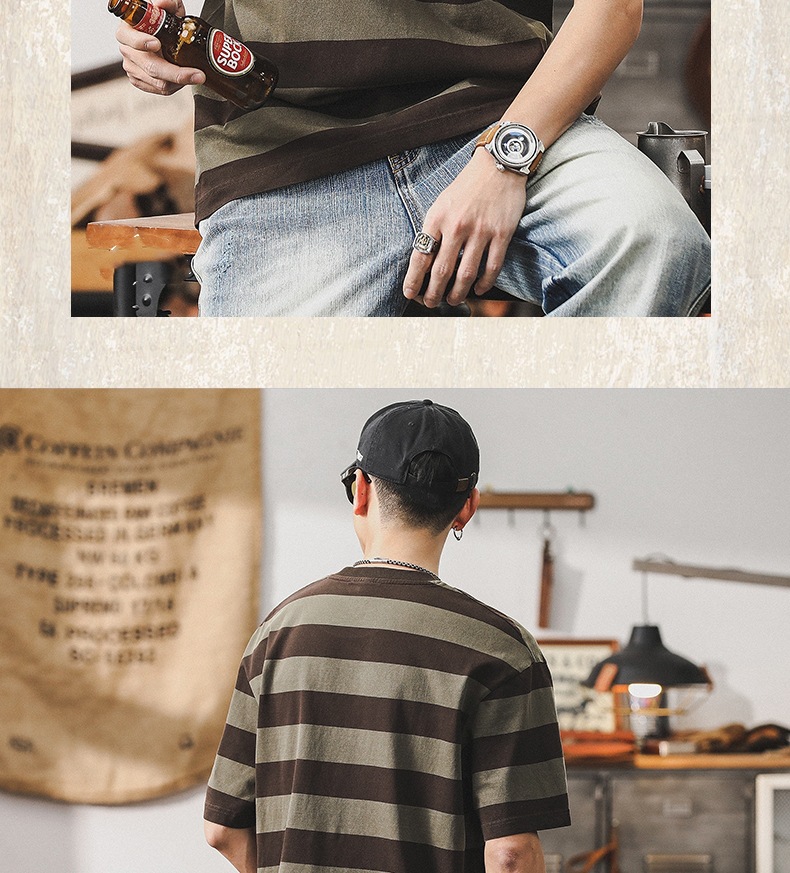 32支双纱平纹纯棉T恤男短袖夏季美式复古重磅宽松大码条纹男体恤详情11