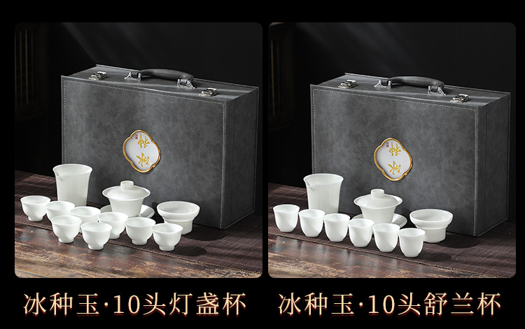 Dehua Light luxury sheep fat jade white porcelain ice jade porcelain tea set, home gift covered bowl Tea cup complete set as a souvenir pic 10
