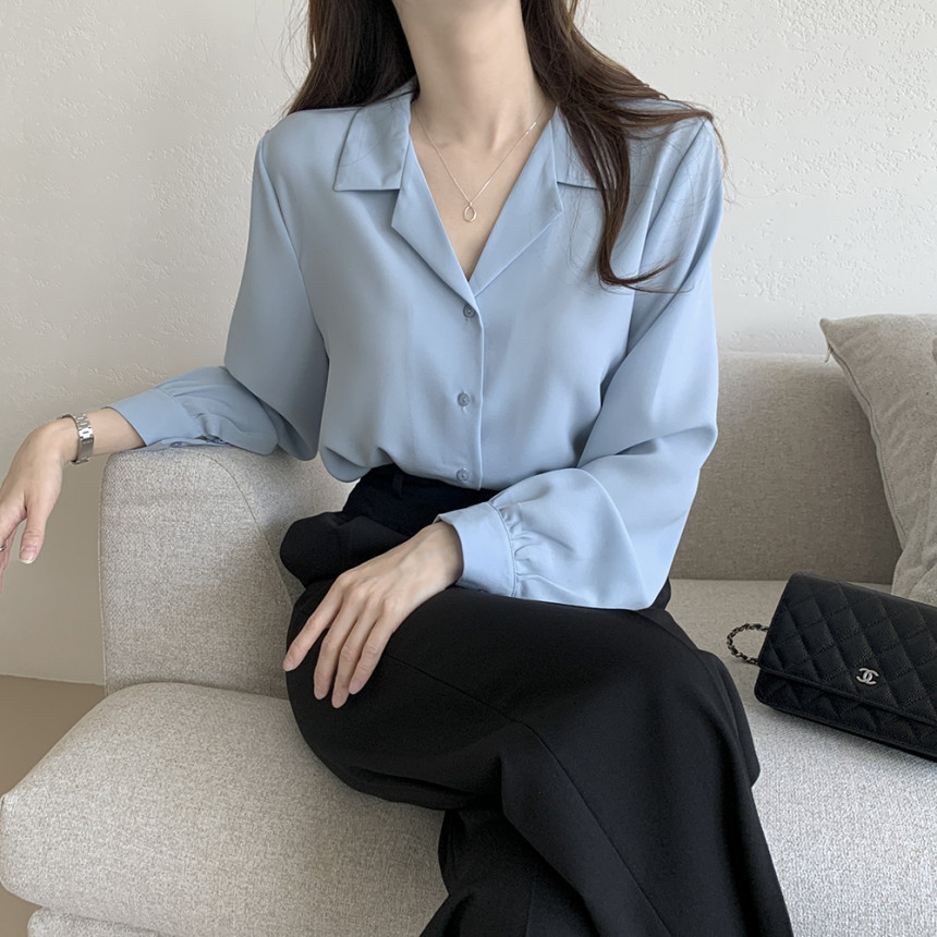 Korean chic2025 Spring/Summer simple solid color elegant suit collar chiffon shirt, French gentle long-sleeved shirt for women pic 5