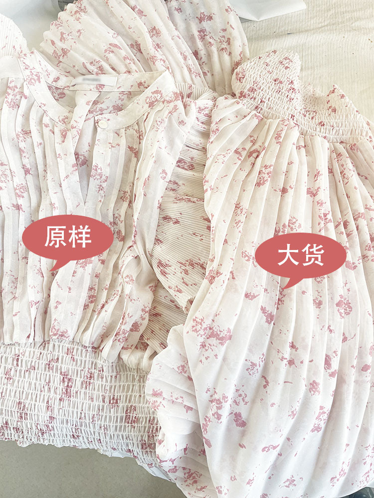 新款S家日系小飞袖收腰甜美风无袖百褶碎花连衣裙批发春夏长裙女详情7