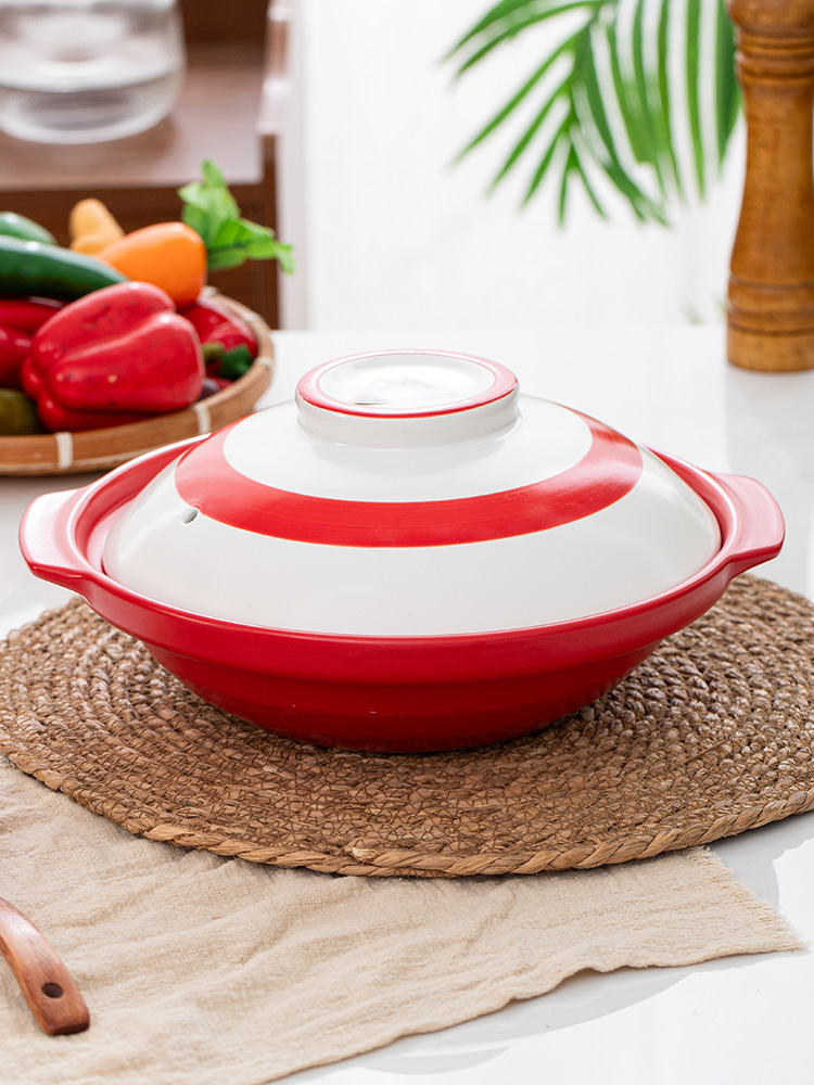 Red flat-bottomed shallow-mouthed clay pot for electric ceramic stove, high-temperature resistant commercial and household dry-burning crack-free 煲仔饭 ceramic stew pot pic 1