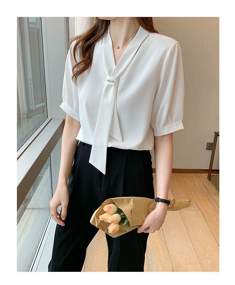 夏季短袖衬衫女装2024夏季新款气质蝴蝶结职业白领工作服短袖衬衣1详情9