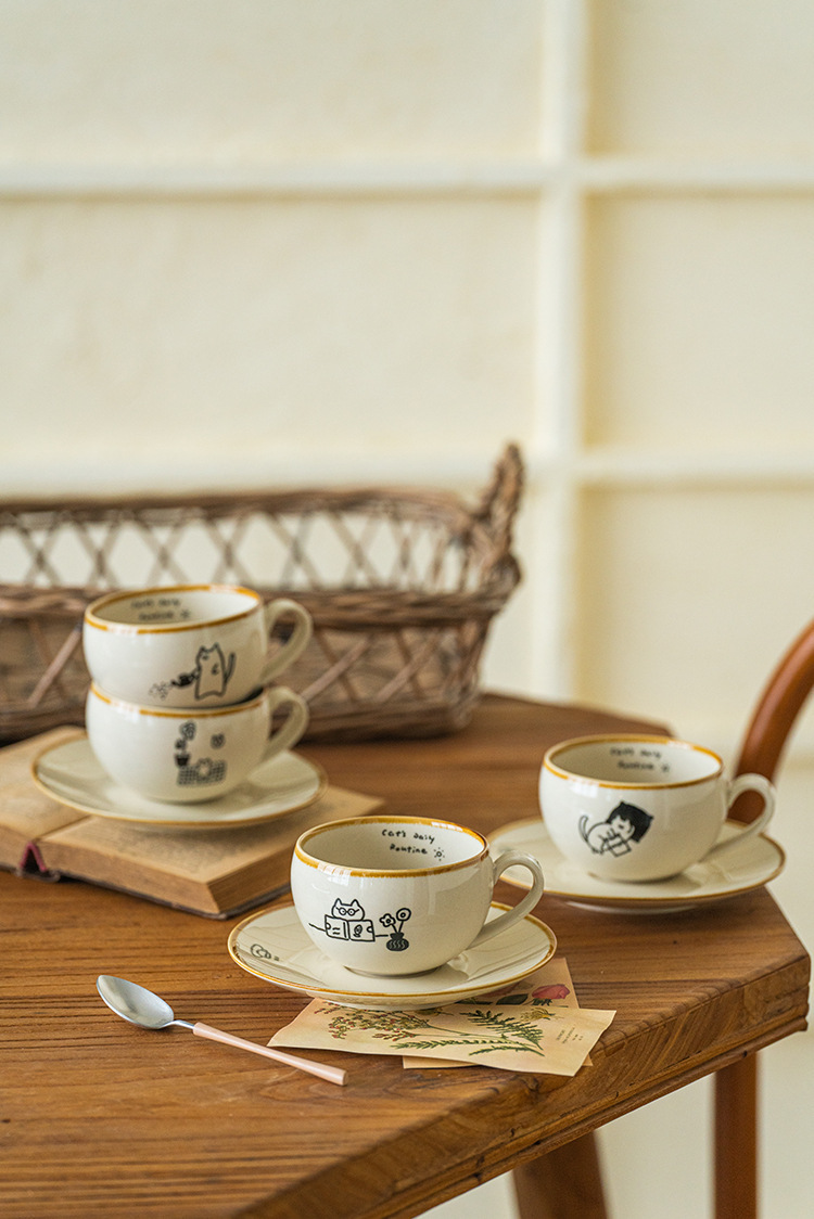 可爱卡通治愈插画日式猫咪陶瓷咖啡杯碟下午茶拿铁拉花杯高级感咖啡具套装详情5