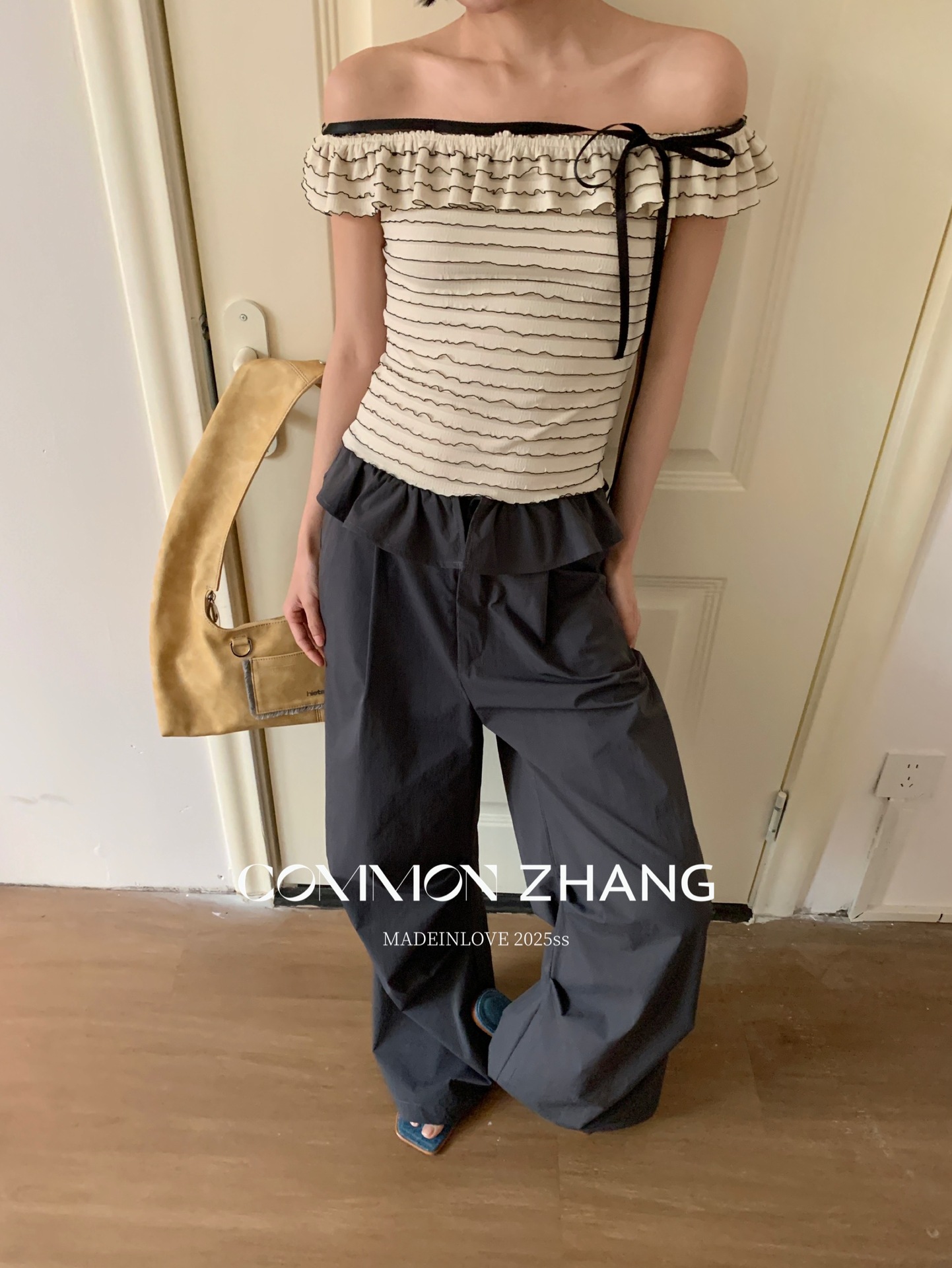 CZ ZHANG Summer French lace one-shoulder off-the-shoulder, contrasting color striped waist-cinching slim shirt B23795 pic 40