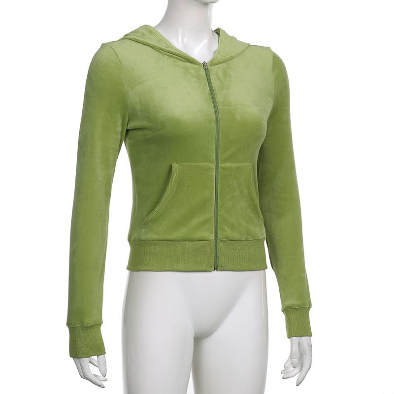 Solid color velvet slim sports suit zipper hood pic 27