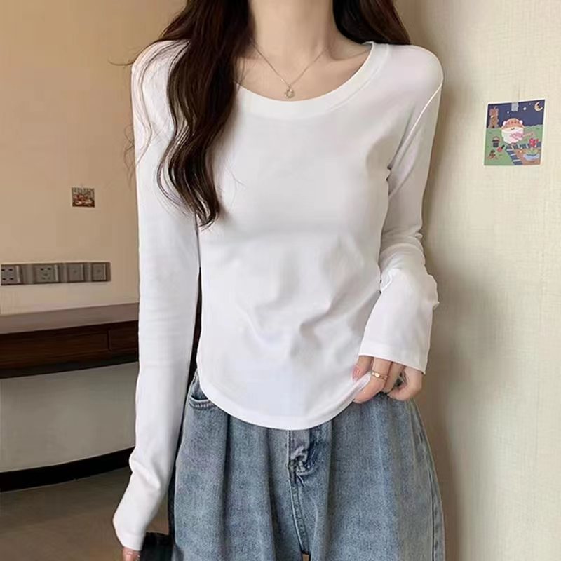 [95棉]纯棉正肩长袖T恤女 新款早秋设计感小众内搭薄款圆领打底衫详情3