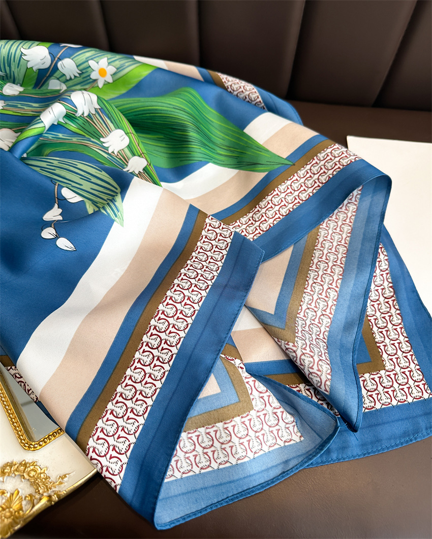 A 90cm new elegant and stylish square scarf with a twill pattern featuring Chinese trend lily of the valley flowers. It is a versatile sun-protective shawl and headscarf for women pic 12