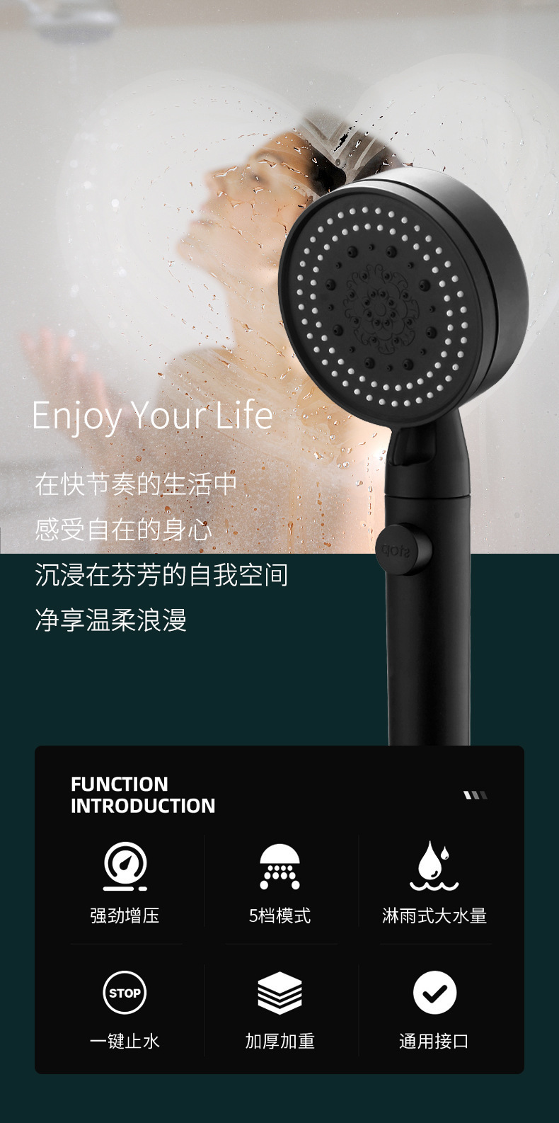 Five-speed booster powerful showerhead, ABS bathroom showerhead, silicone self-cleaning showerhead set, gun gray showerhead pic 2