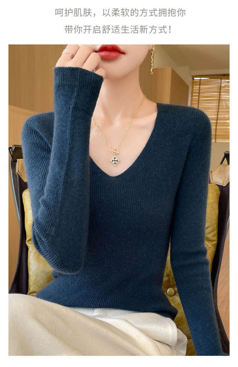 This autumn and winter new style of wool sweater features a V-neck that is slimming and versatile. It is a long-sleeved, casual and elegant sweater with a base layer of knitted sweater for women pic 24