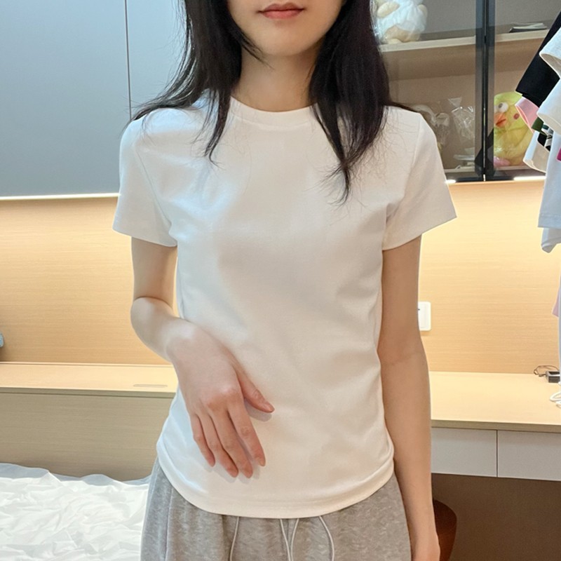 纯棉正肩短袖T恤女夏休闲百搭修身上衣白色T恤显瘦基础款打底衫女详情10
