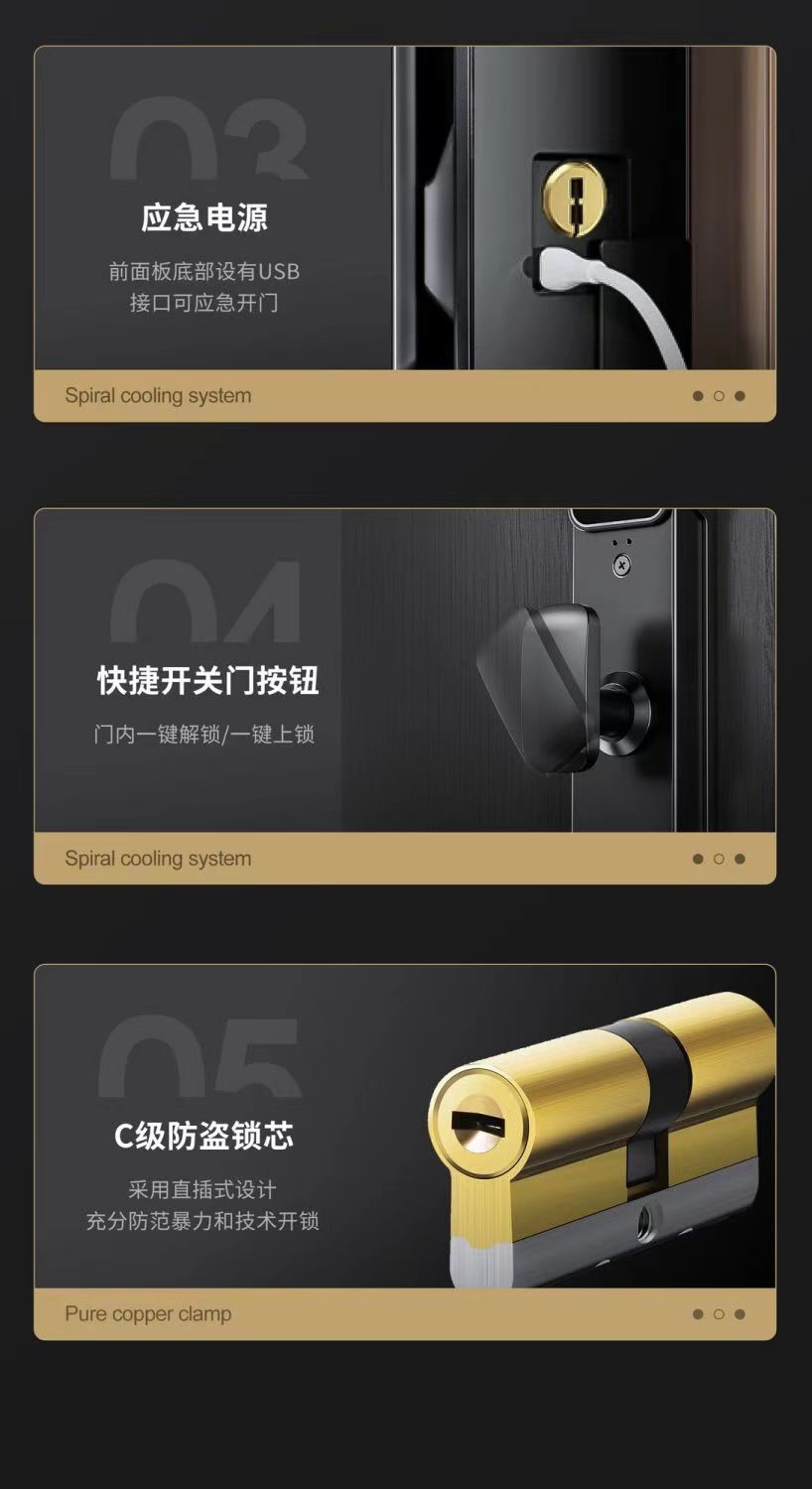 Black smart door lock, 3D facial recognition screen, digital keyboard, fingerprint recognition, C-level lock core, electronic doorbell pic 16