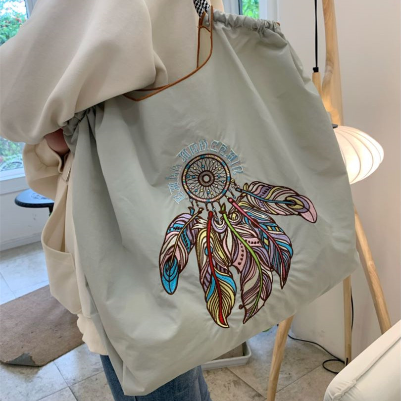 New feather embroidery eco-friendly bag, large-capacity nylon crossbody, foldable portable hand-held shopping bag, single-shoulder bag pic 6
