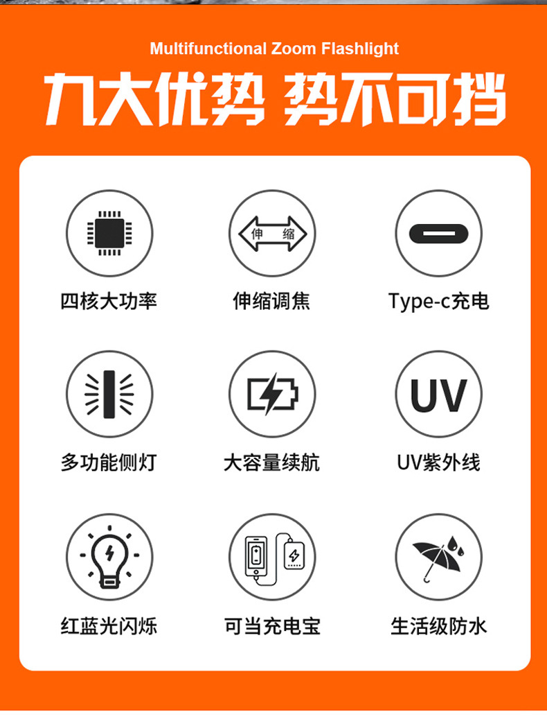 跨境新款户外白激光强光手电筒太阳能多功能充电手电超亮远射手电详情4