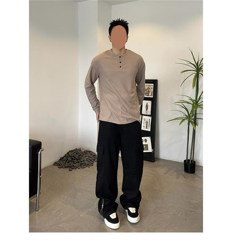 2024秋季百搭亨利领长袖T恤男士休闲运动华夫格Polo衫T恤衫上衣详情7