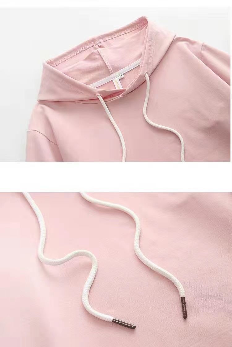 2025 Cotton Korean-style hoodie in loose solid color, new spring and summer half-sleeve split five-quarter sleeve hooded T-shirt top for women pic 4