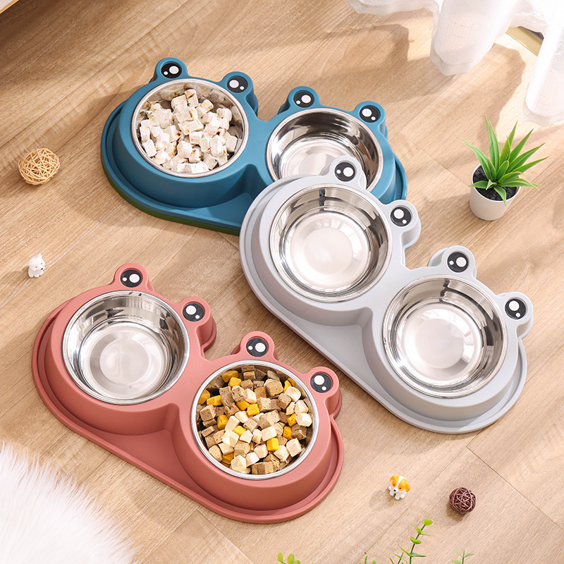 跨境新糖果色大号卡通青蛙宠物双碗不锈钢狗碗宠物用品猫狗防滑碗详情3