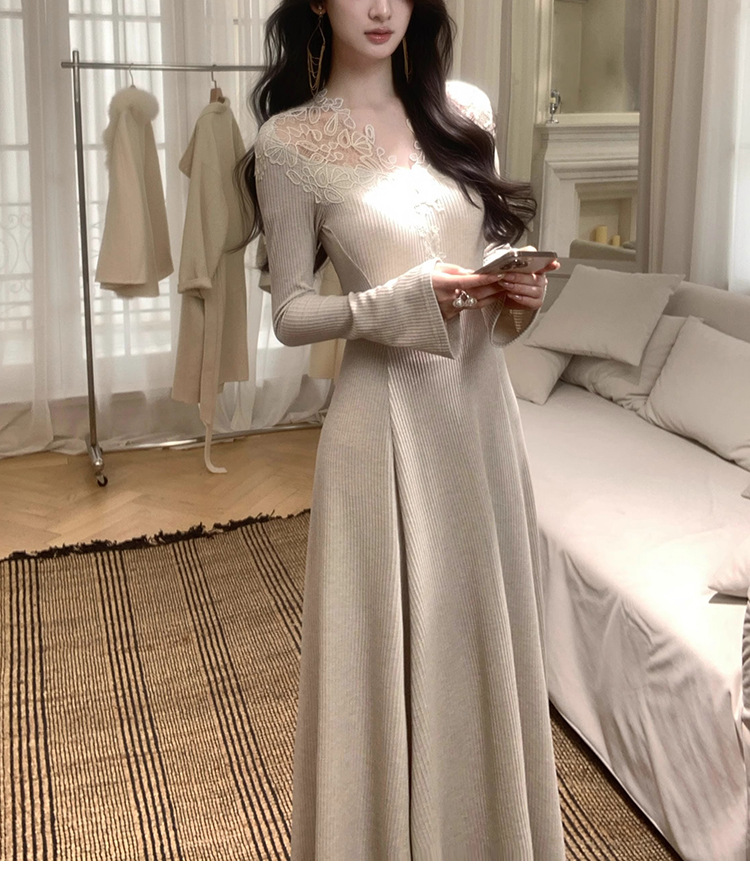 【不知雪】温柔氛围感蕾丝v领针织连衣裙腰显瘦a摆长裙详情16