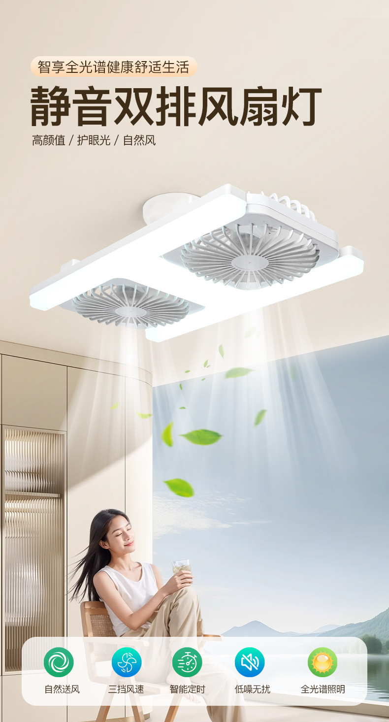 新款e27螺口灯头吊顶led双头风扇灯家用客厅卧室办公室遥控电风扇详情1