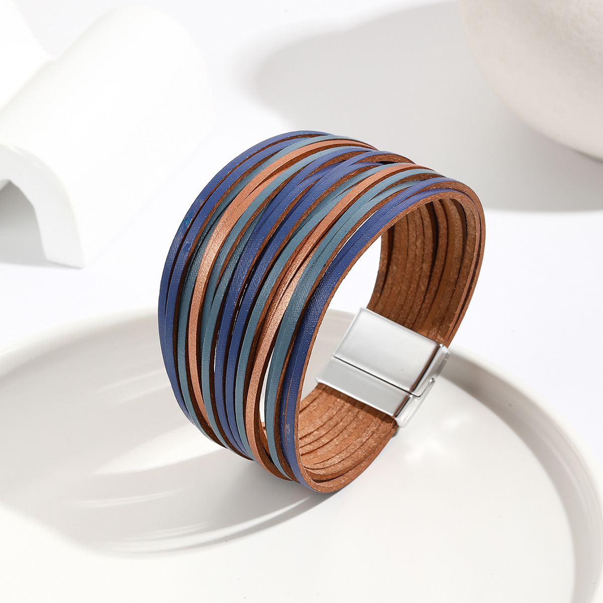 新款亚马逊多条渐变男手环皮绳混色百搭女士PU皮革皮手链磁扣手镯详情37