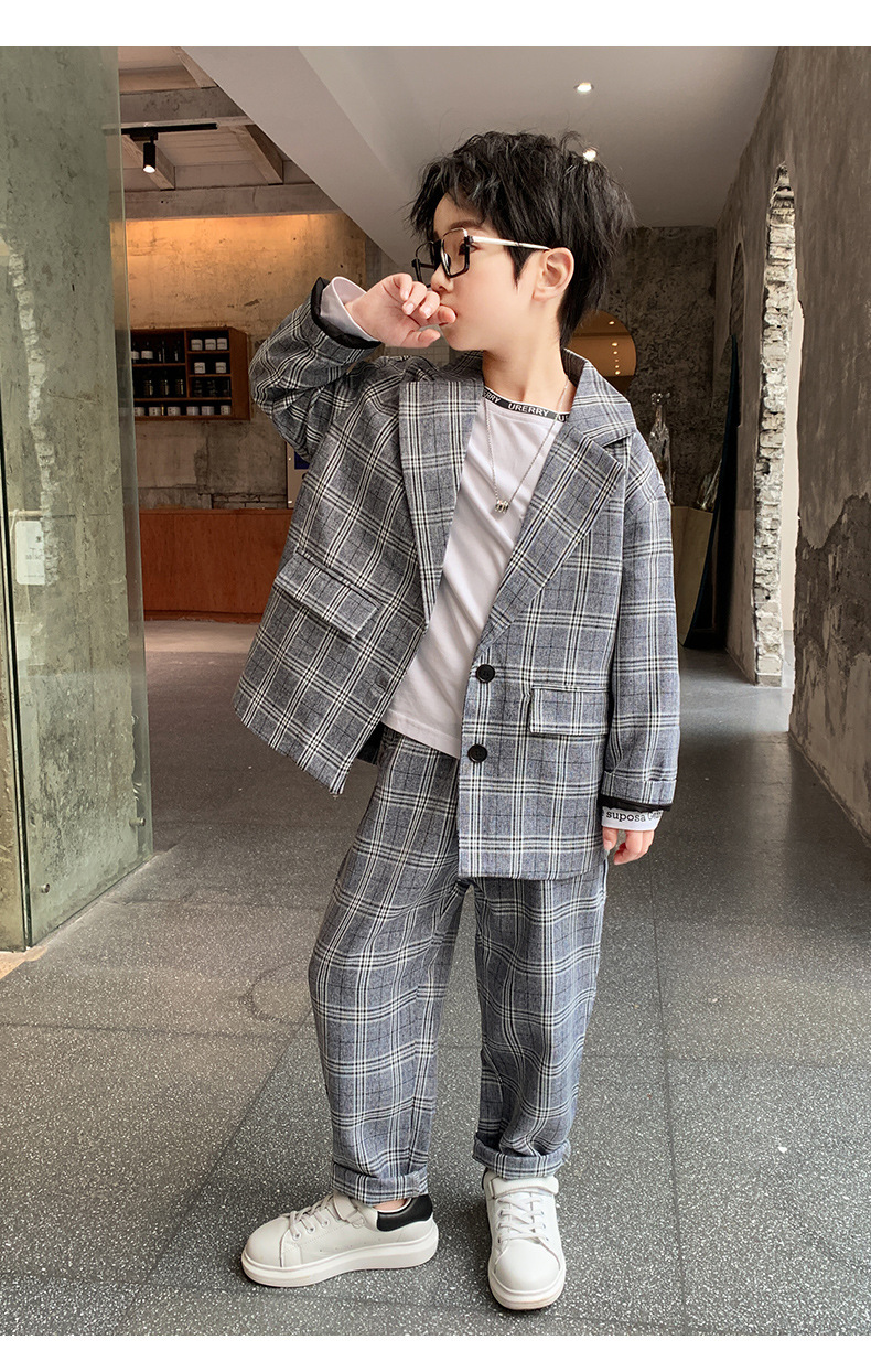 男童西装套装中大童2025春秋格子两件套帅气男孩休闲西服韩版童装详情10