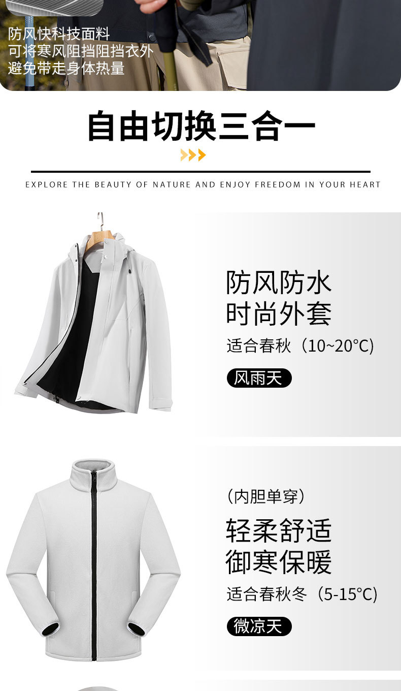 定制冲锋衣三合一男印绣LOGO徒步软壳防风登山服企业团体工装外套详情8