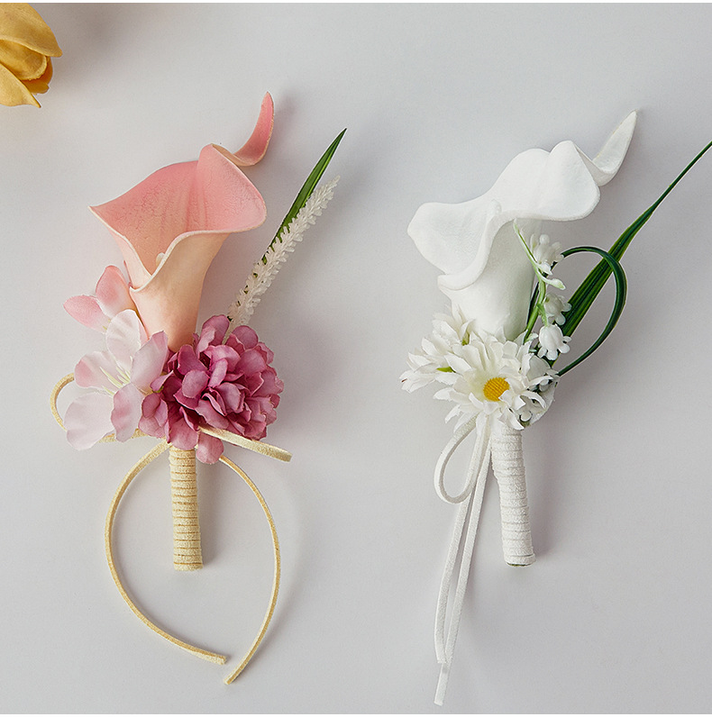 高级感婚礼胸花蜜釉粉永生花马蹄莲男士襟花手工造境新郎结婚胸花详情15