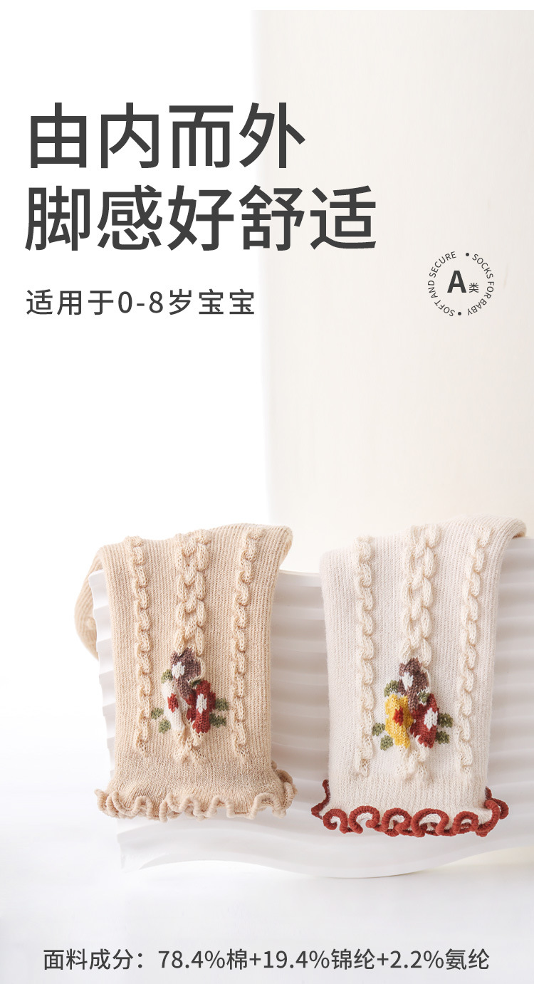 婴儿袜子秋冬木耳边松口不勒女童公主春秋小碎花宝宝无骨中长筒袜详情4