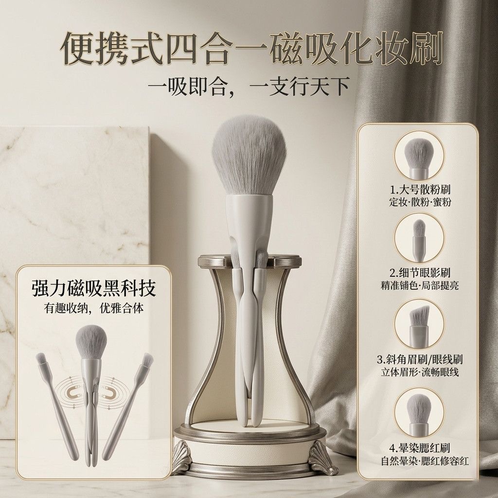 Cross-border four-in-one magnetic makeup brush, portable beauty tool, multi-functional set brush, eyeshadow brush, contouring brush pic 2
