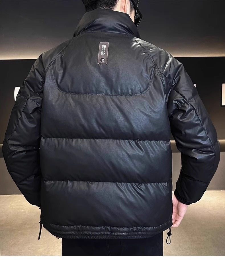 Xingmeng high-end down jacket for men, short stand-up collar pu leather top for winter, warm white duck down jacket for men pic 16
