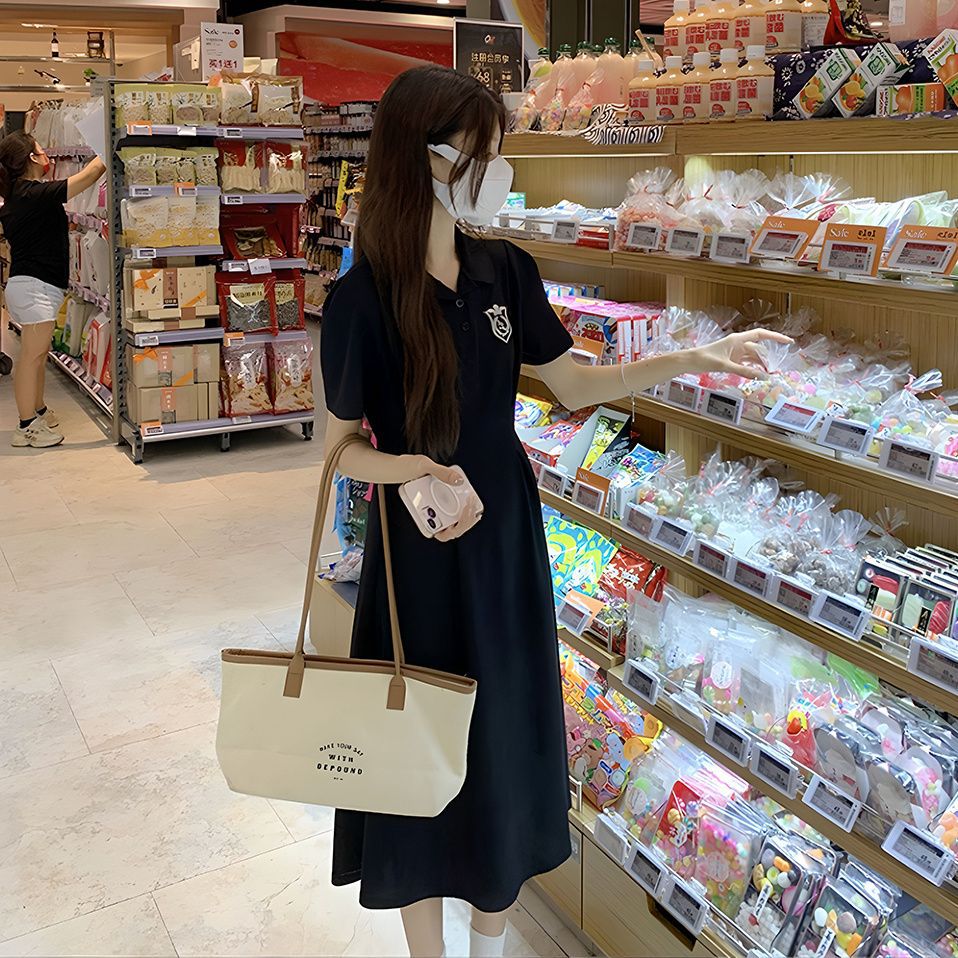 夏季POLO领短袖连衣裙女收腰显瘦过膝长裙学院风中长款休闲A字裙详情16