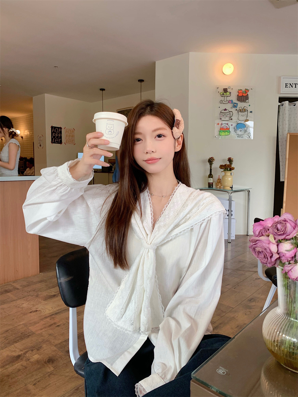 新中式复古蕾丝花边海军领衬衫女春季小众别致宽松长袖雪纺衫上衣潮详情2