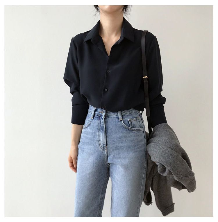 Black chiffon shirt for women, loose polo collar long-sleeved top, professional OL, solid color Hong Kong-style base, elegant shirt for women pic 14